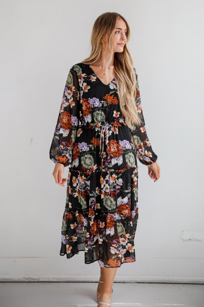 Prepared To Impress Black Floral Midi Dress