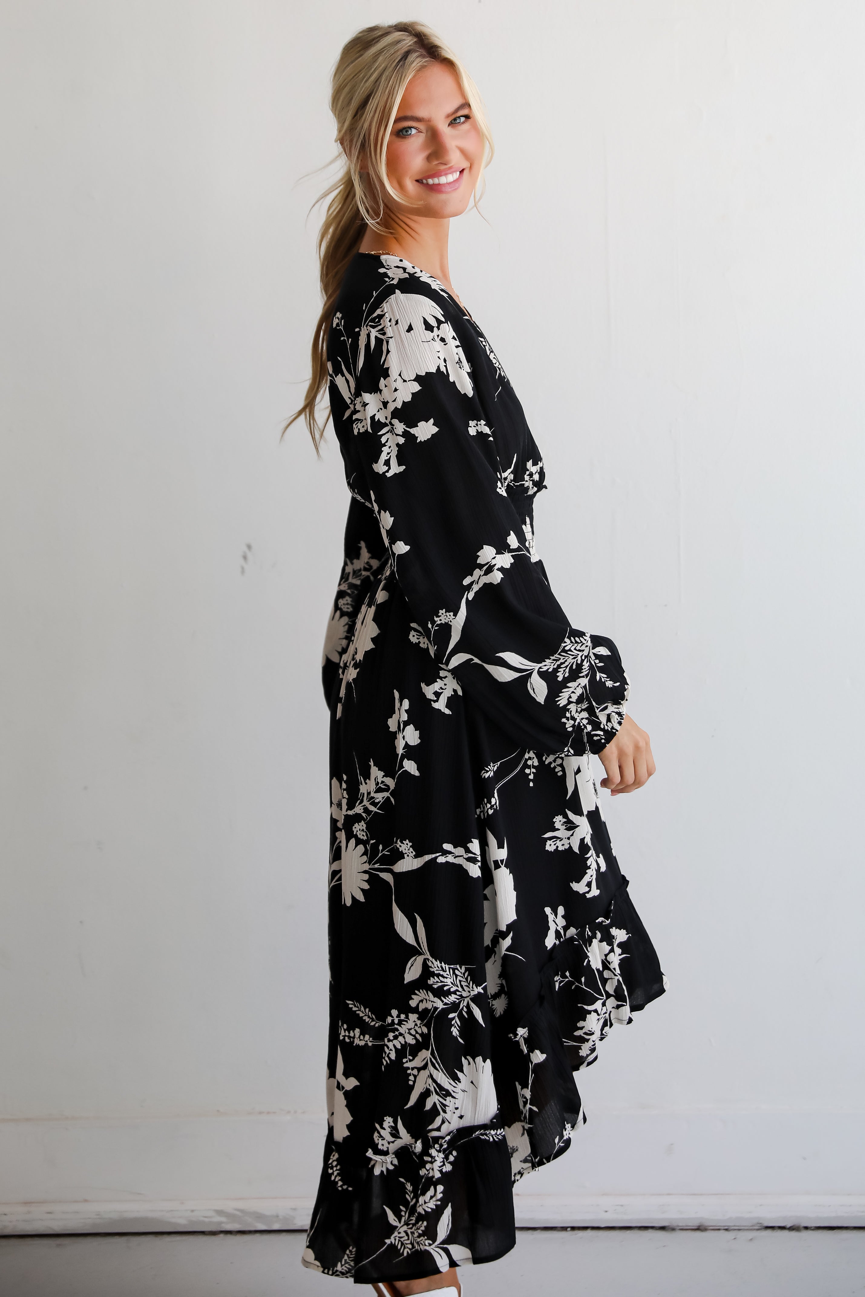 Precious Whimsy Black Floral Midi Dress