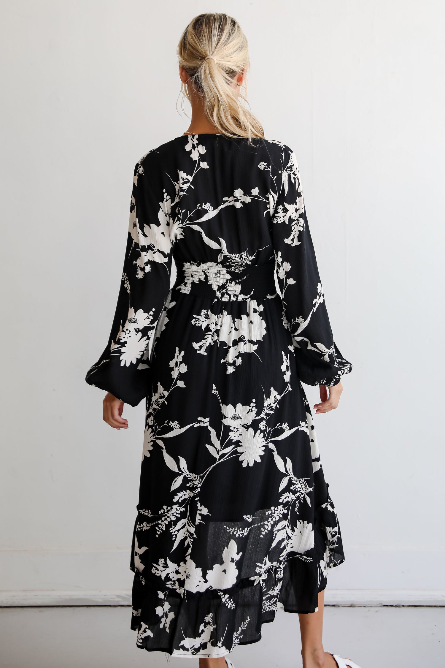 Precious Whimsy Black Floral Midi Dress