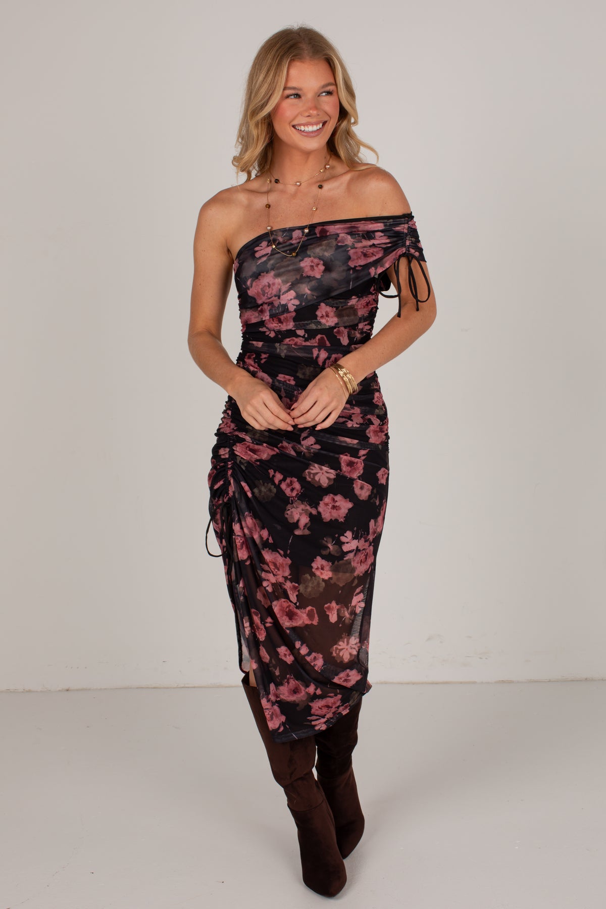 October Nights Black Floral Off-Shoulder Midi Dress