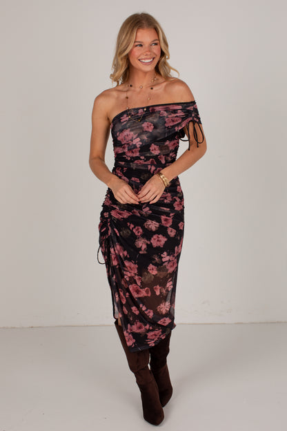 October Nights Black Floral Off-Shoulder Midi Dress