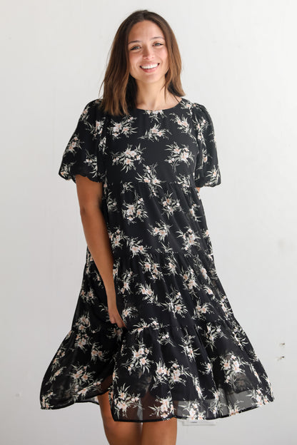 Perfectly Cherished Black Floral Tiered Midi Dress