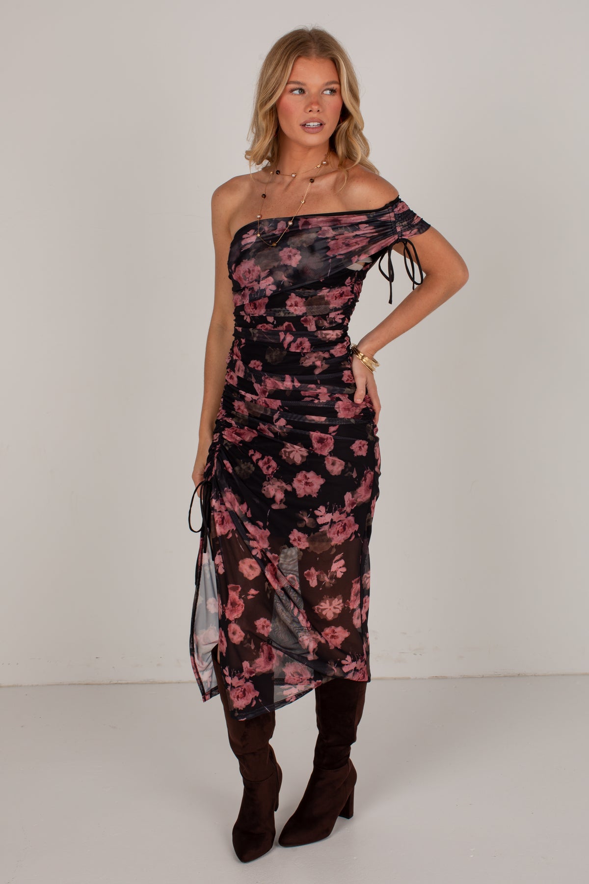 October Nights Black Floral Off-Shoulder Midi Dress