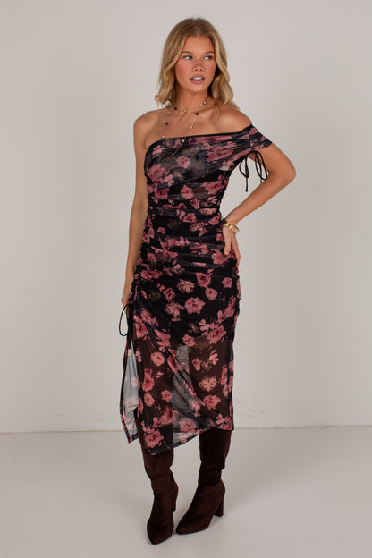 October Nights Black Floral Off-Shoulder Midi Dress