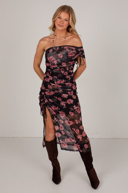 October Nights Black Floral Off-Shoulder Midi Dress