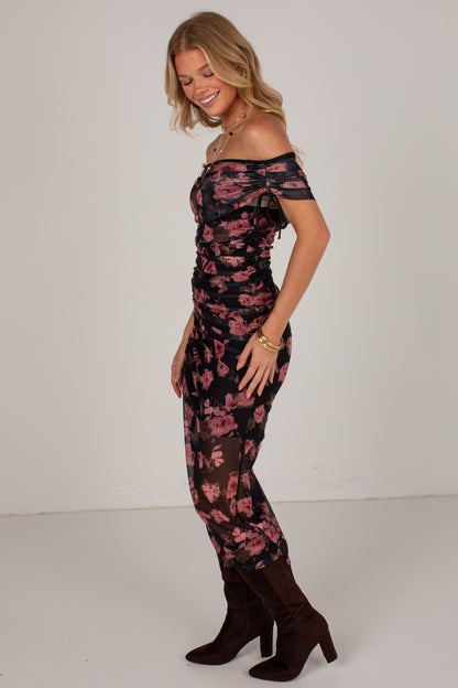 October Nights Black Floral Off-Shoulder Midi Dress