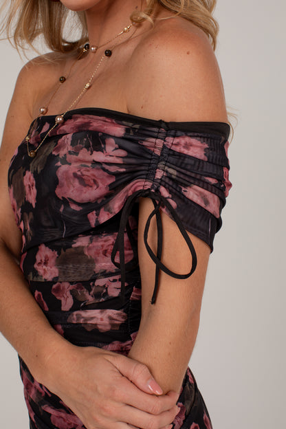 October Nights Black Floral Off-Shoulder Midi Dress
