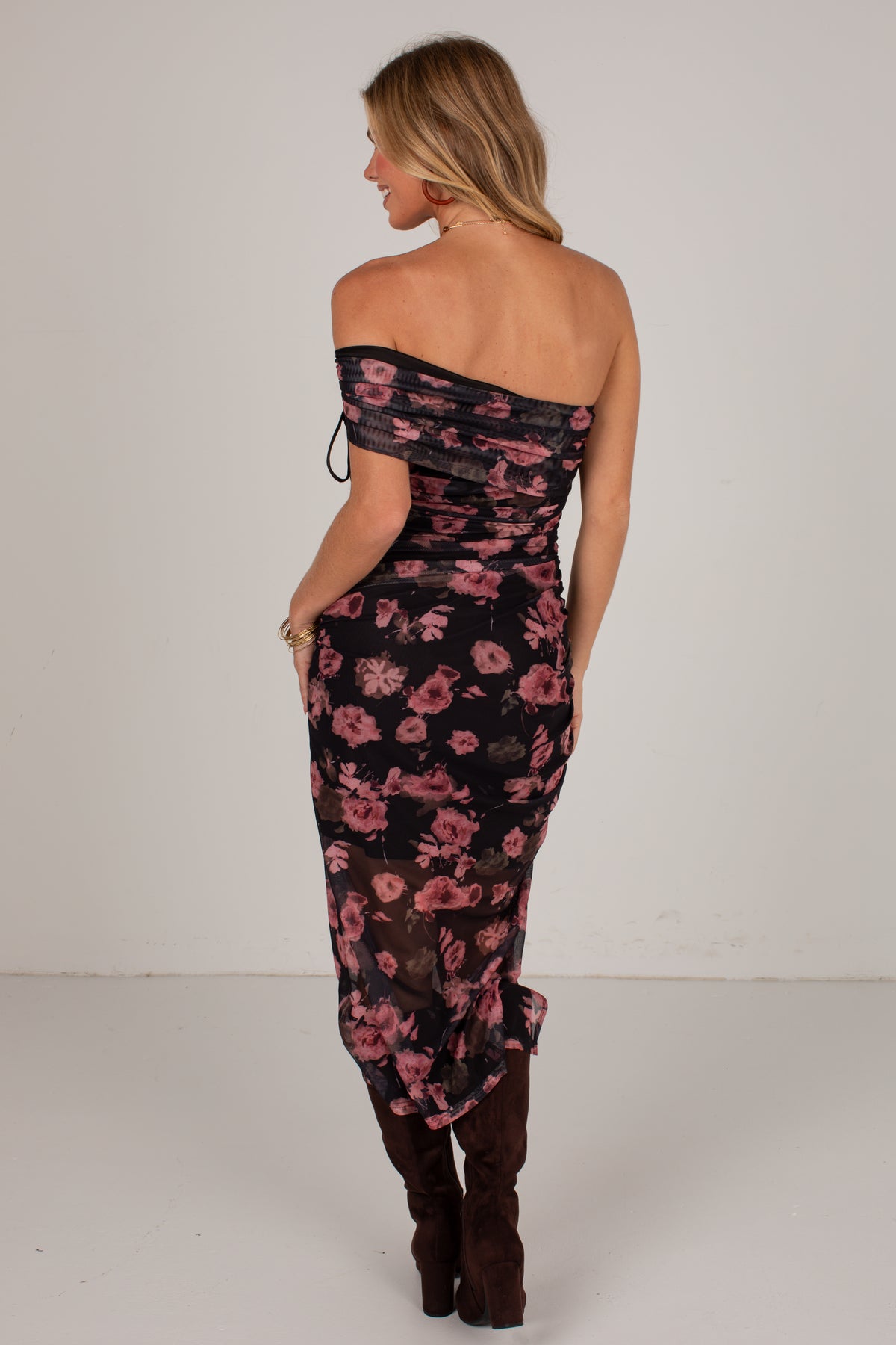 October Nights Black Floral Off-Shoulder Midi Dress