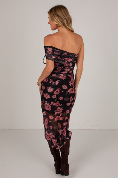October Nights Black Floral Off-Shoulder Midi Dress