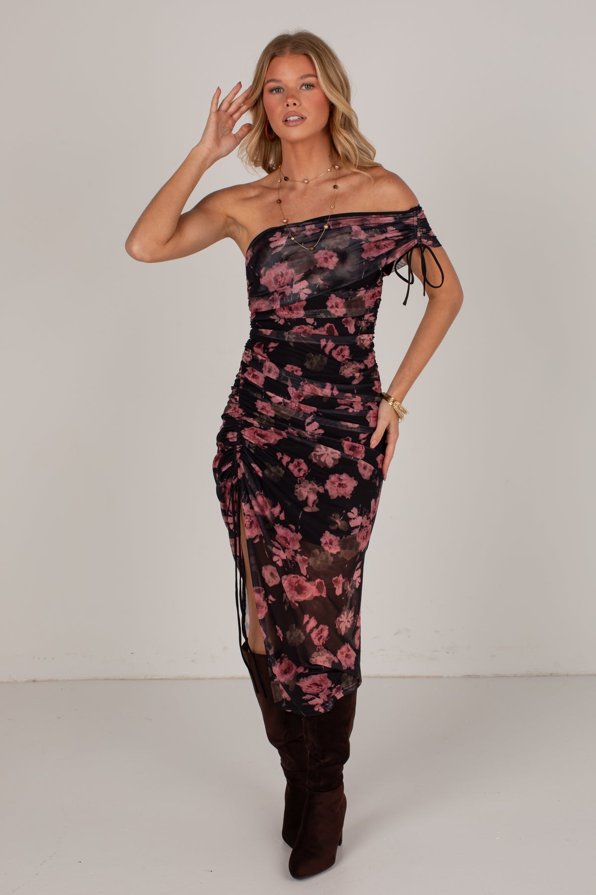 October Nights Black Floral Off-Shoulder Midi Dress
