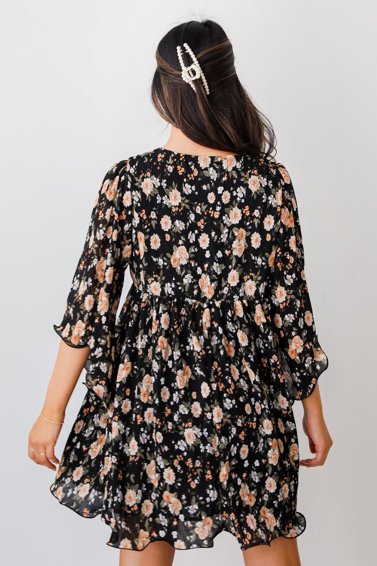 flowy Black Floral Babydoll Mini Dress