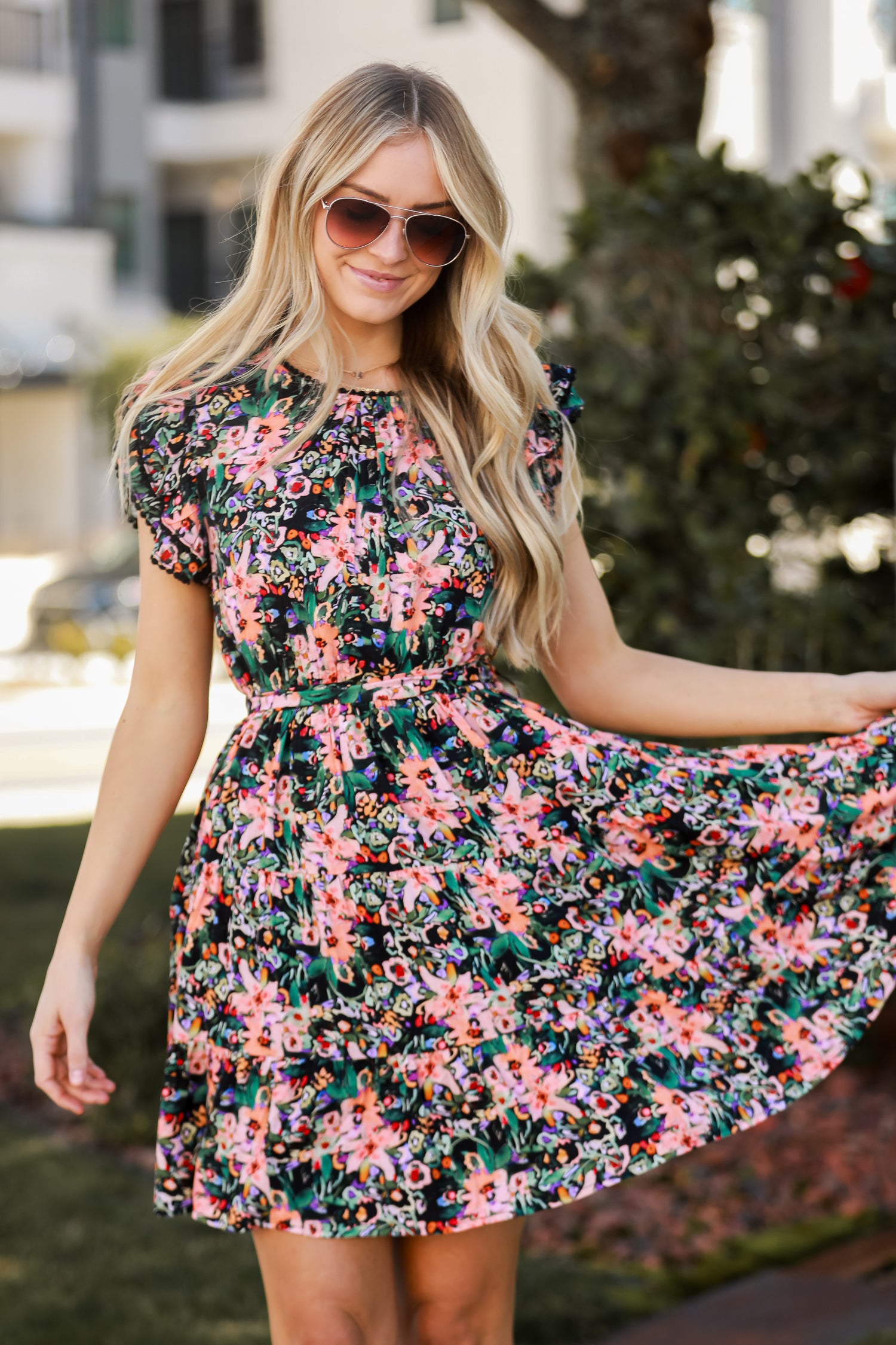 Black Tiered Floral Mini Dress