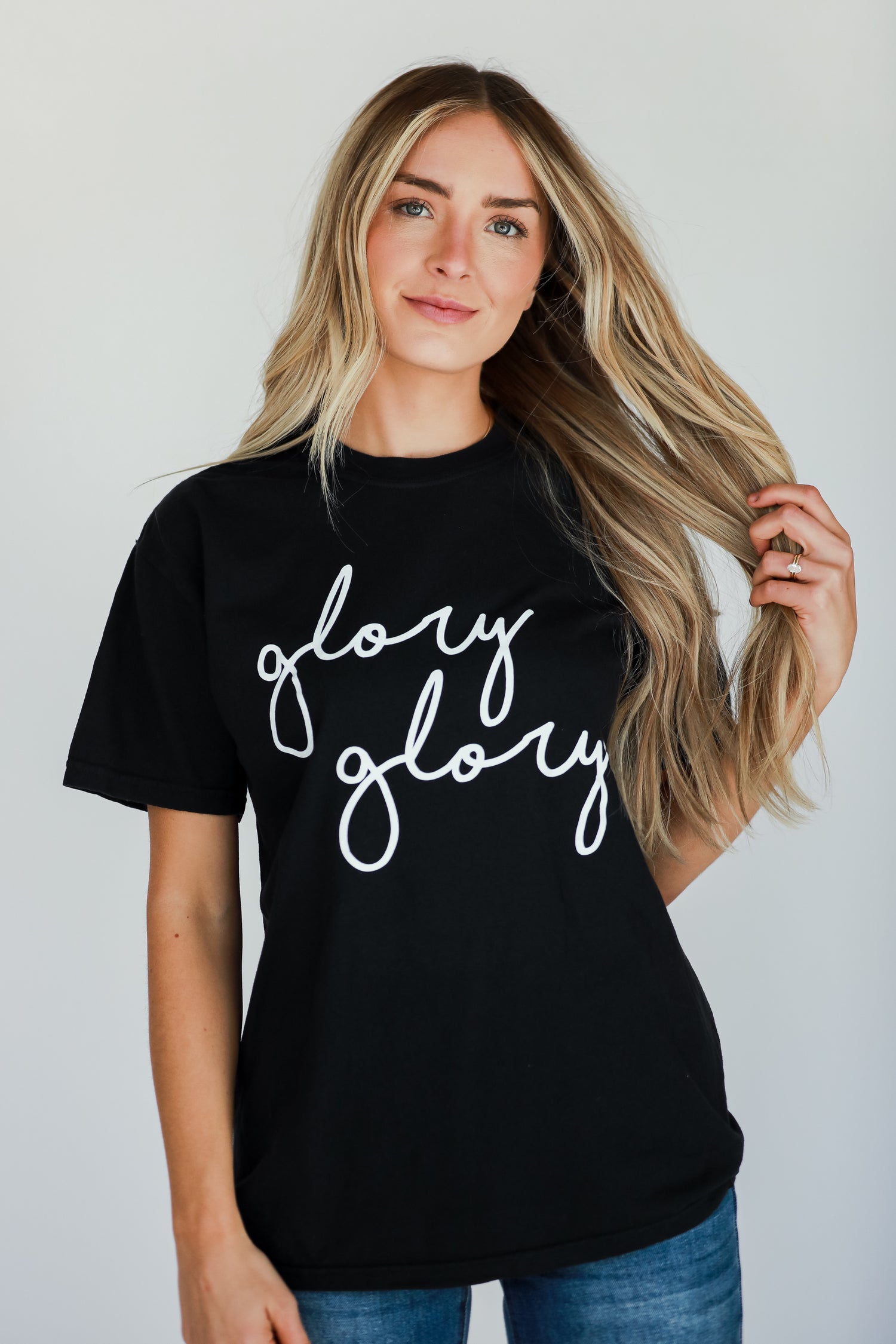 black Glory Glory Script Tee front view