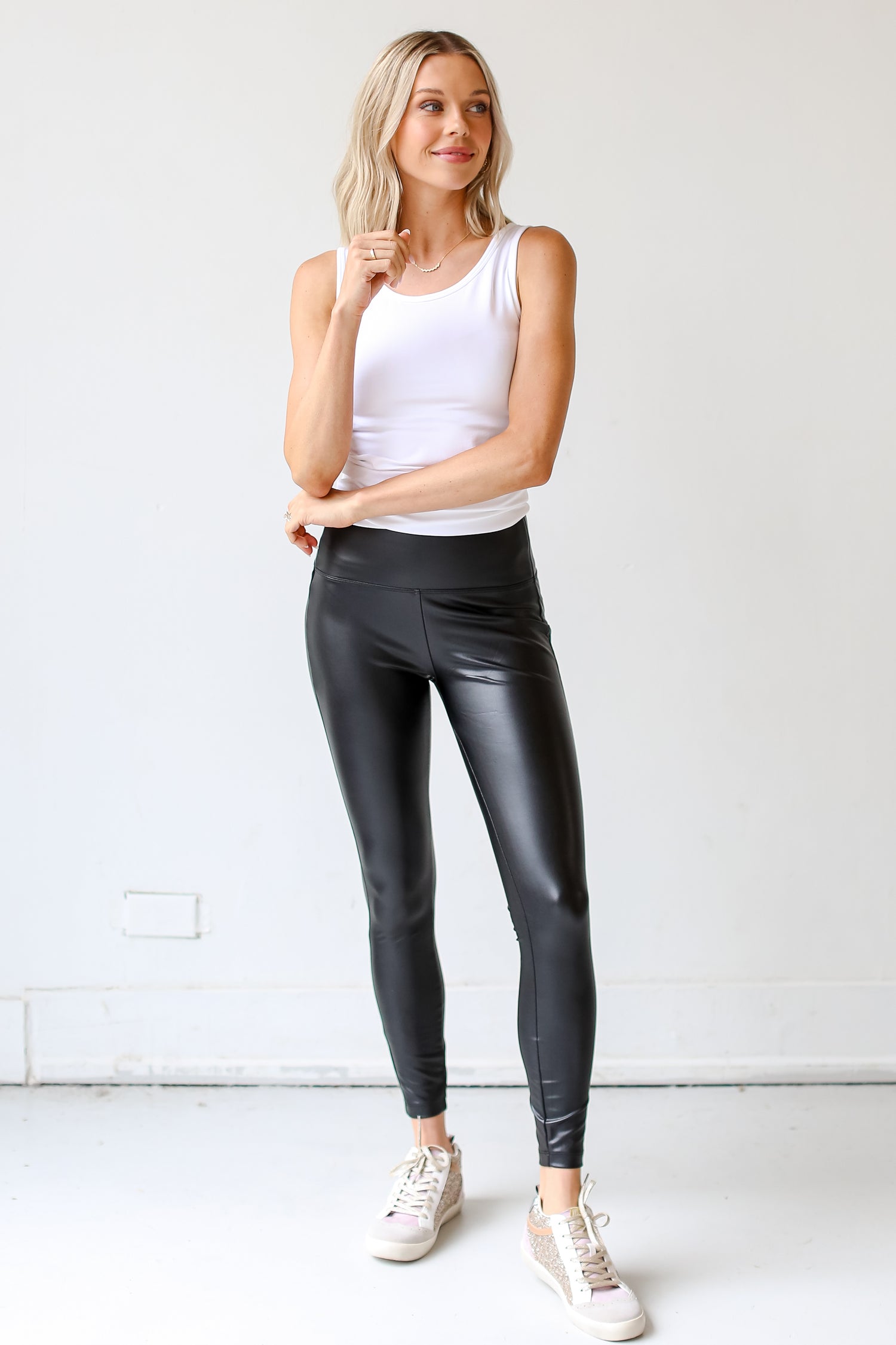 black Leather Leggings on dress up model