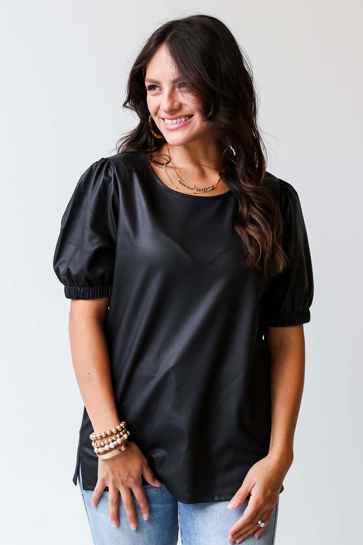 dress up model wearing a Black Puff Sleeve Blouse