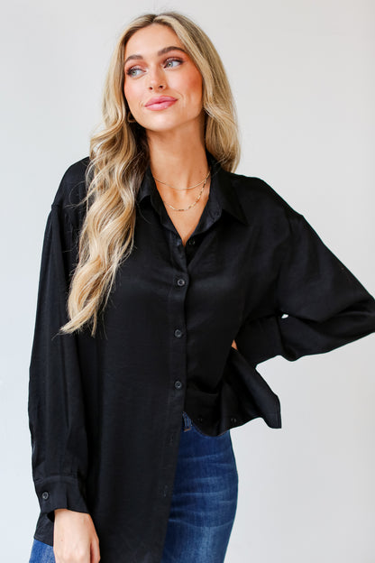 black Button-Up Blouse on dress up model