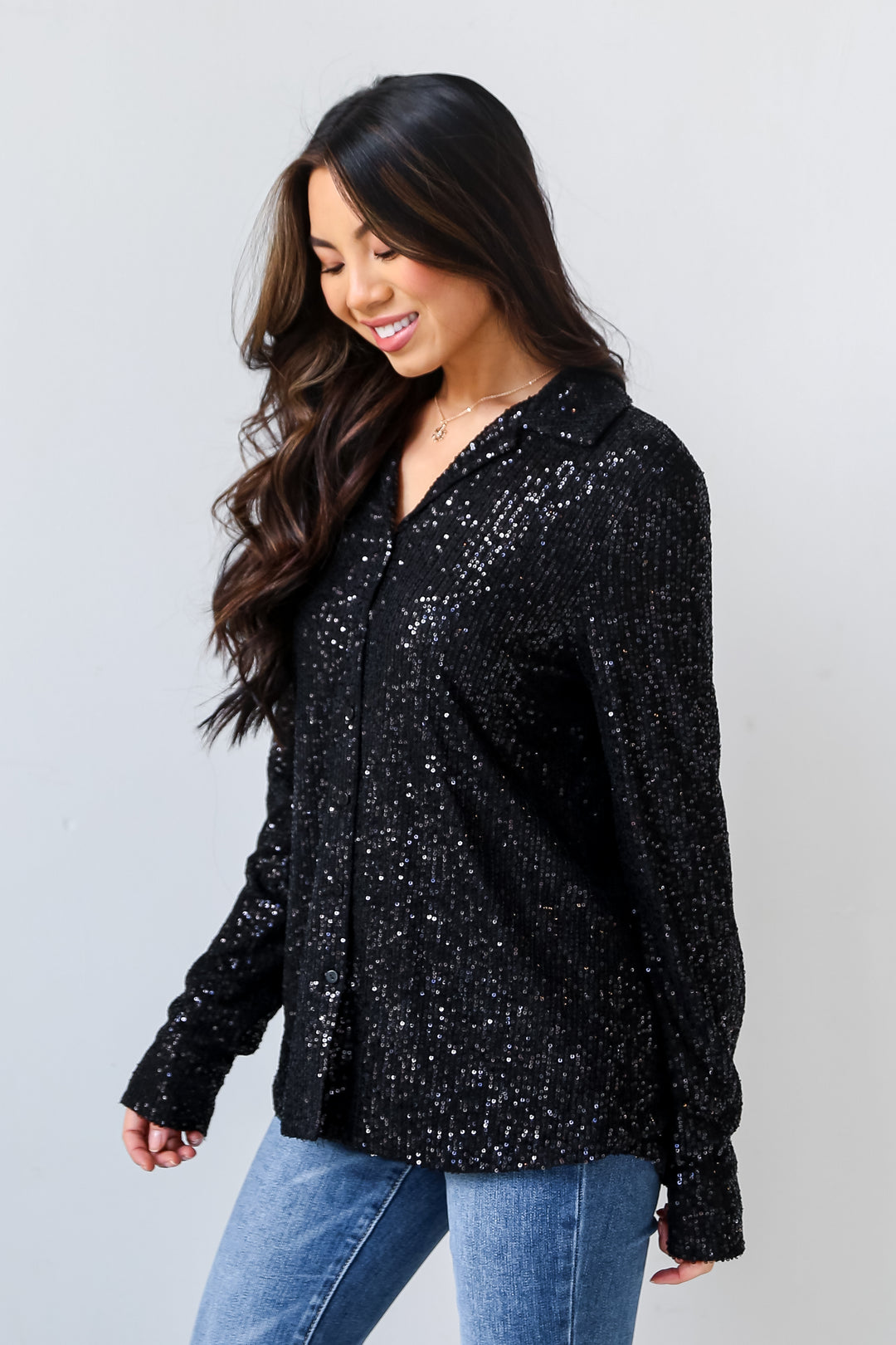 Black Sequin Button-Up Blouse side view