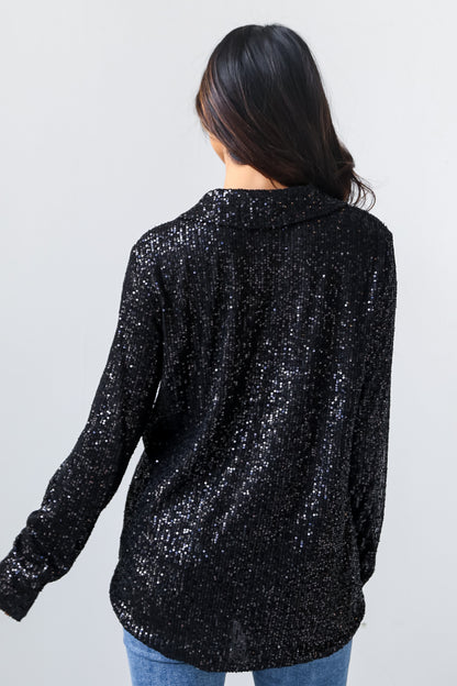 Black Sequin Button-Up Blouse back view