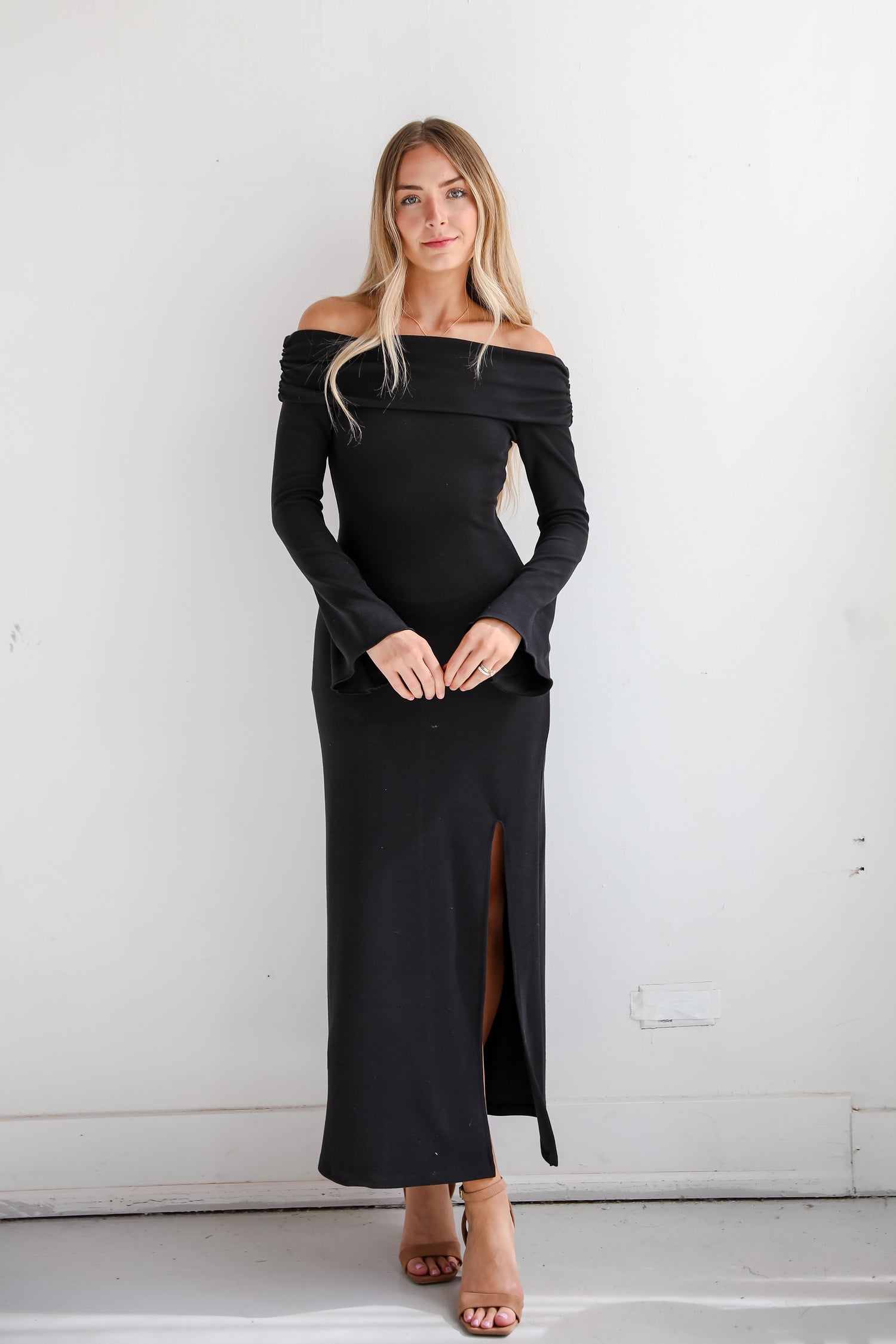 Decadent Evening Black Knit Off-The-Shoulder Maxi Dress