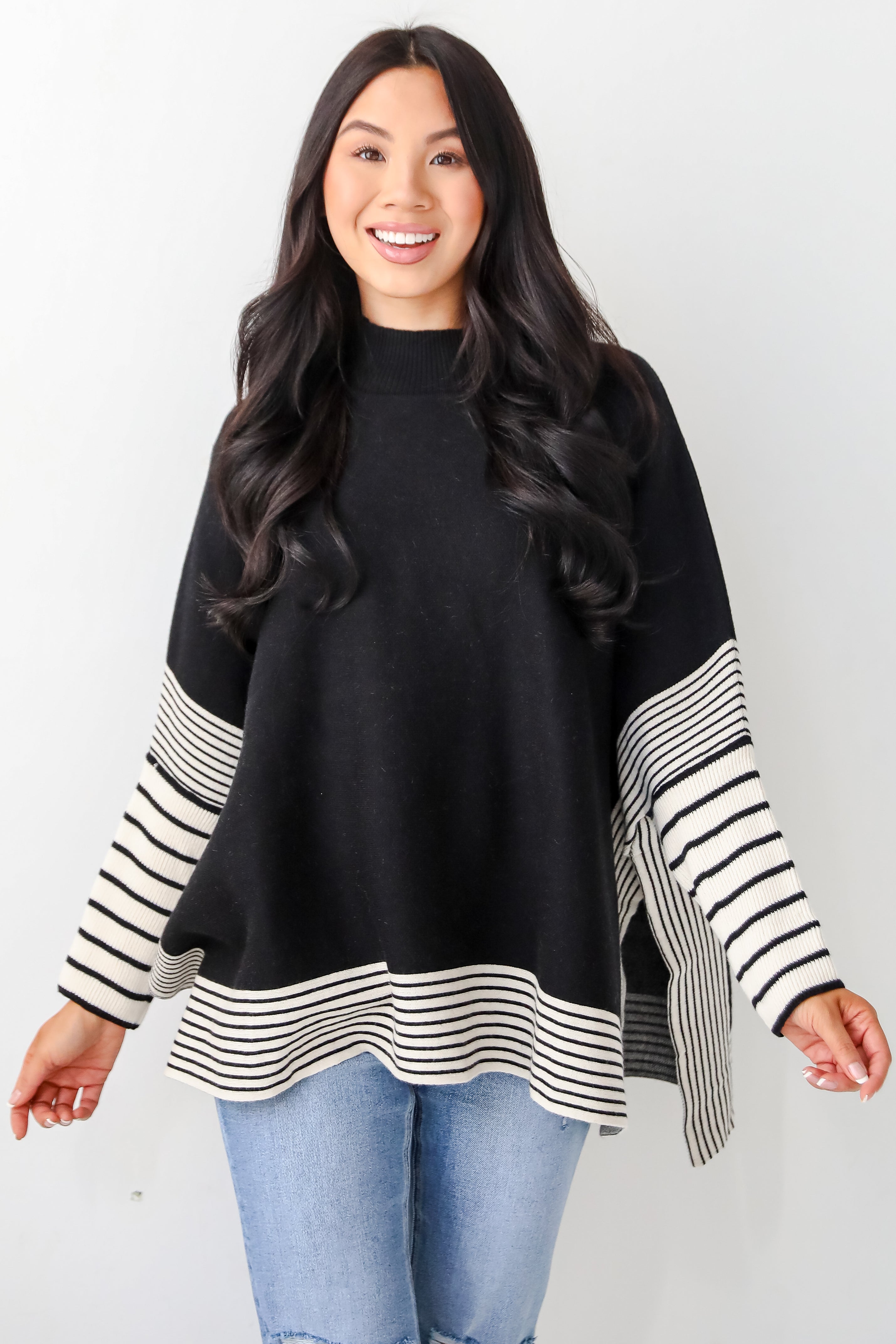 Cultivated Essential Black Striped Sweater Poncho