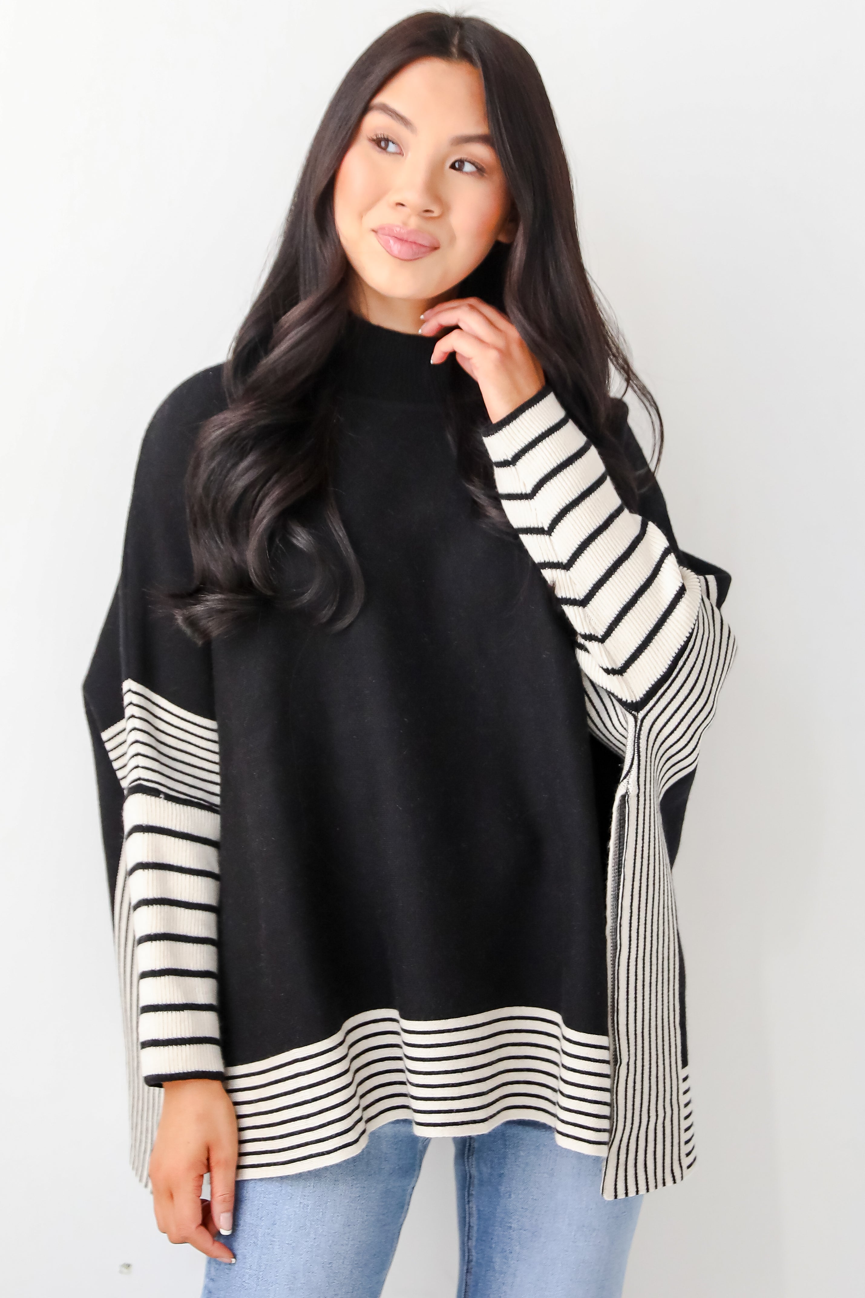 Cultivated Essential Black Striped Sweater Poncho