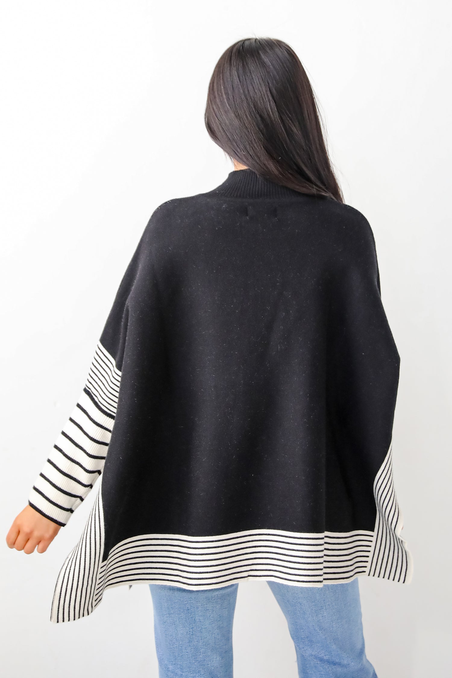 Cultivated Essential Black Striped Sweater Poncho