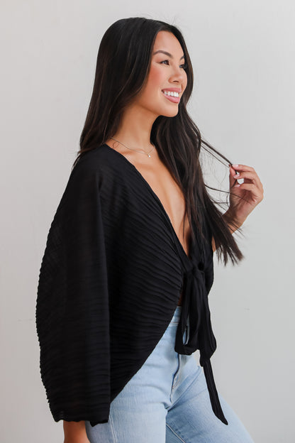 Sophisticated Step Black Pleated Tie-Front Blouse