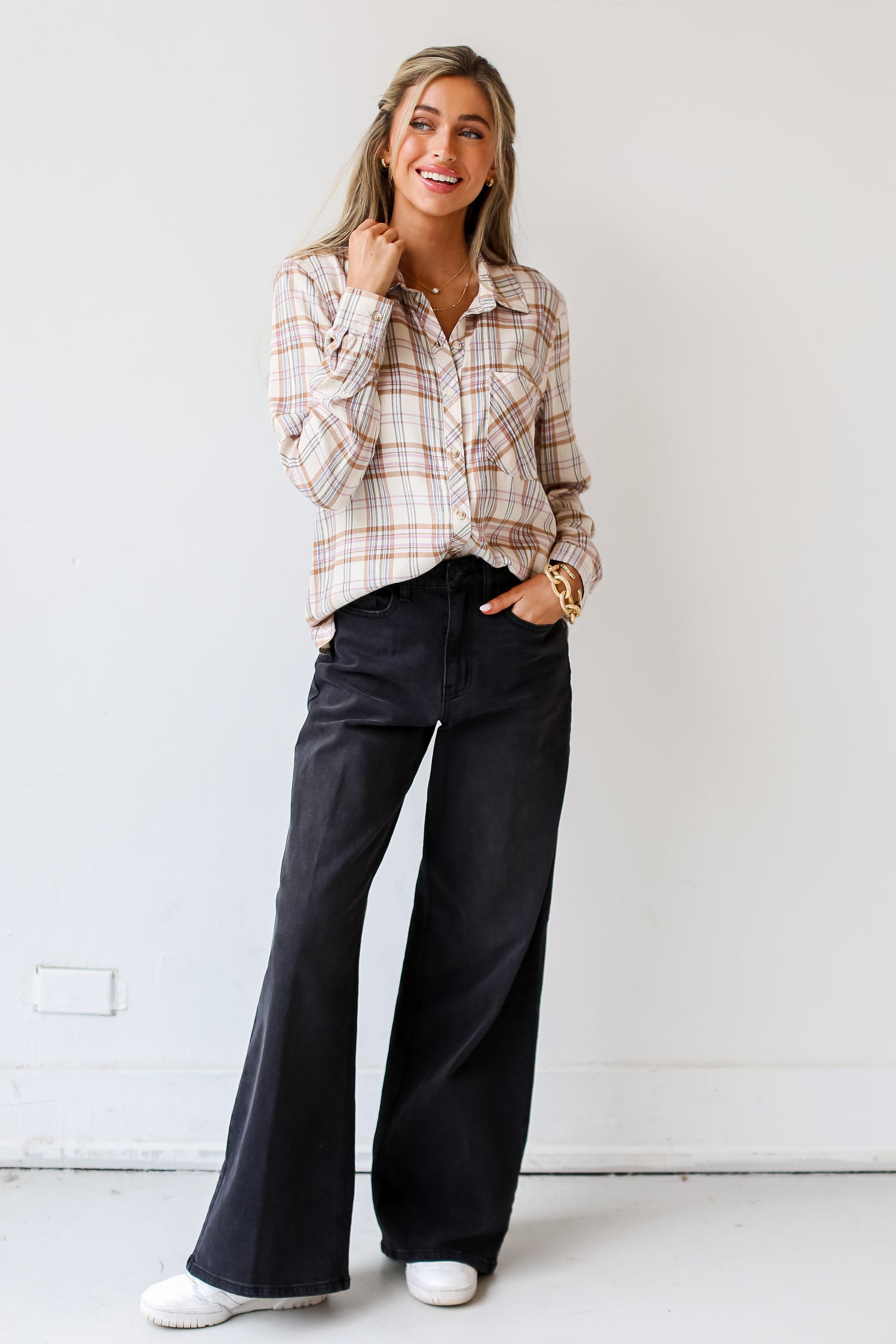 Black Denim Wide Leg Jeans on model