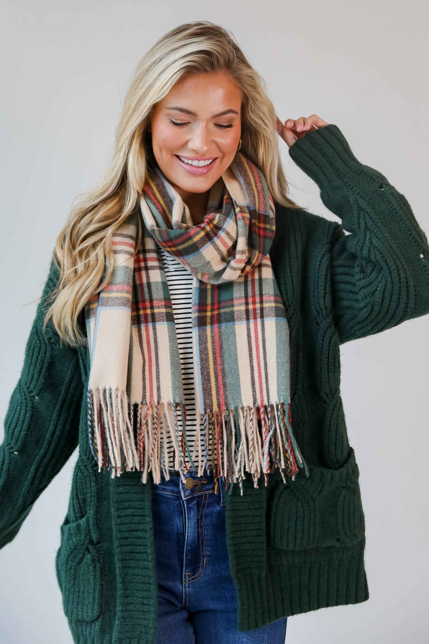 Cozy Plaid Fringe Scarf on dress up model