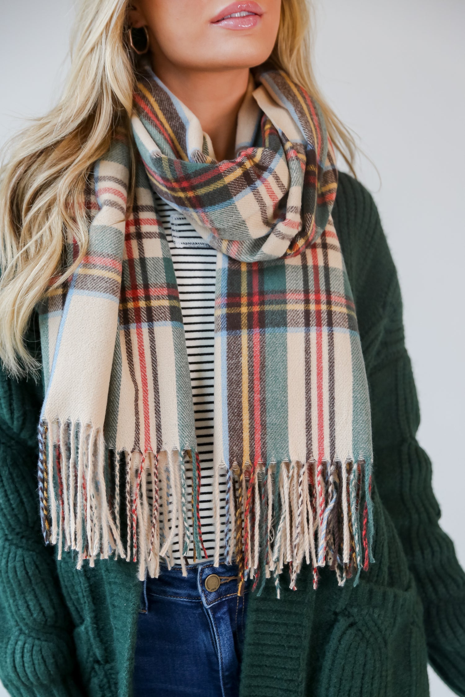 Cozy Plaid Fringe Scarf close up