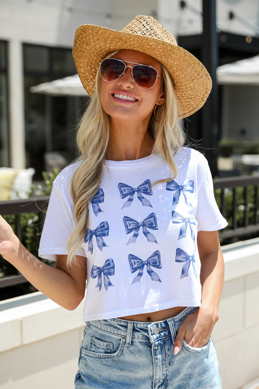 White Bow Cropped Graphic Tee for summer