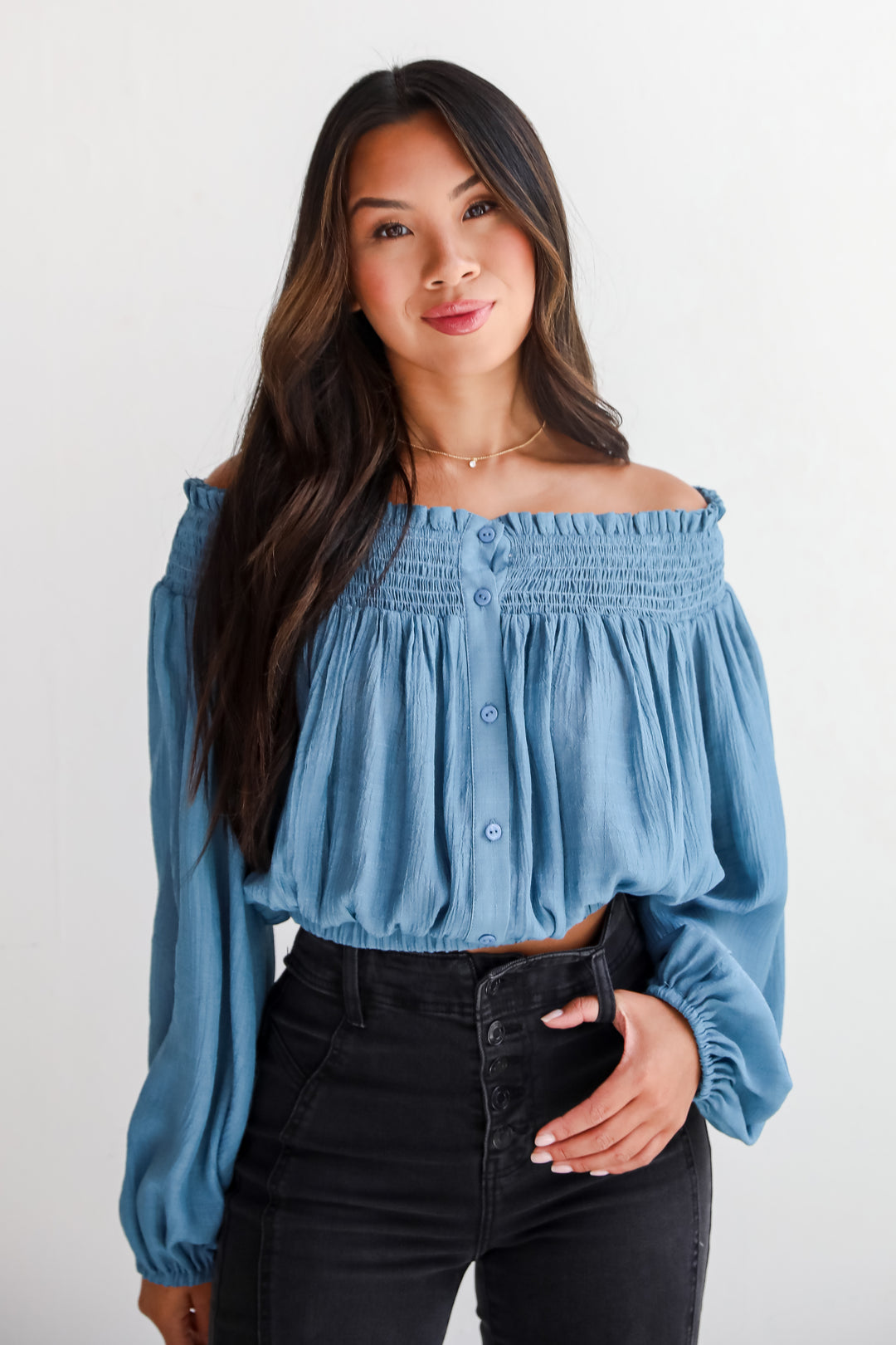 Utterly Pretty Blue Off-The-Shoulder Cropped Blouse