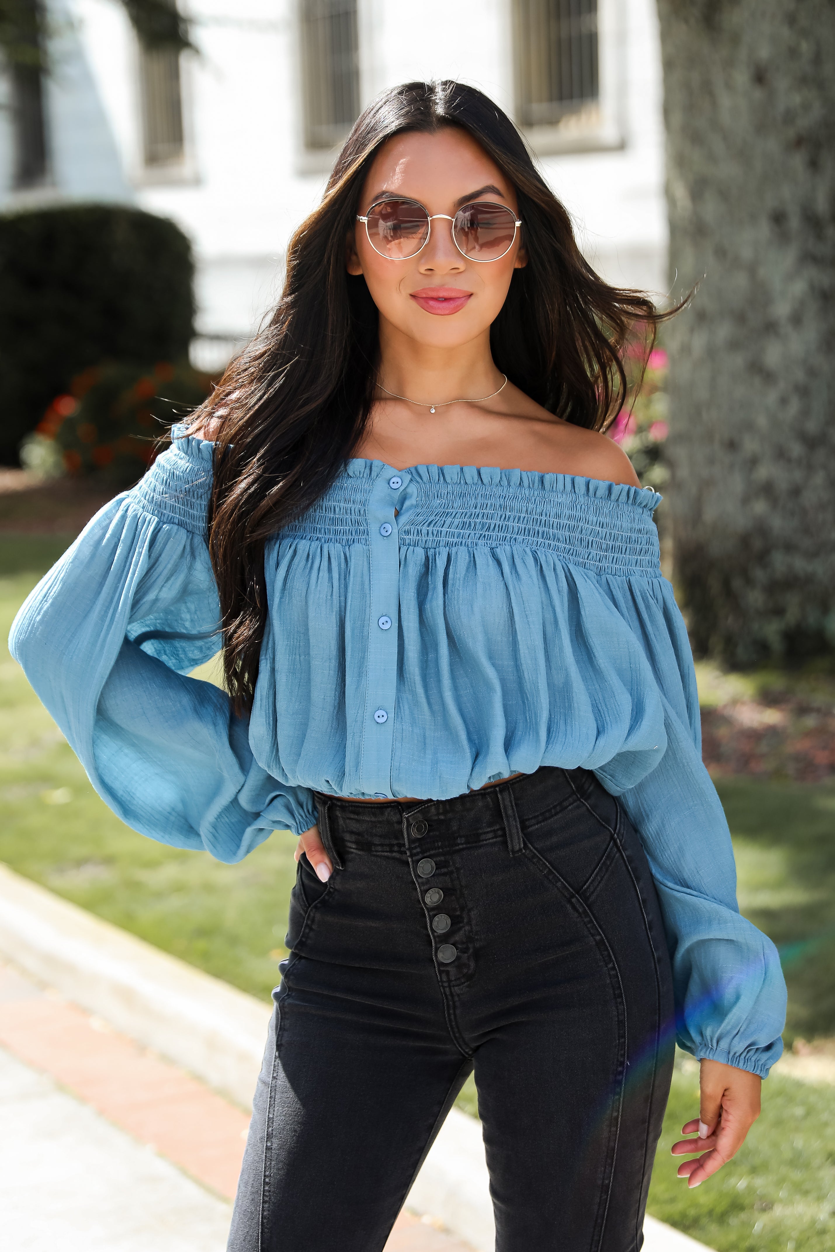 Utterly Pretty Blue Off-The-Shoulder Cropped Blouse