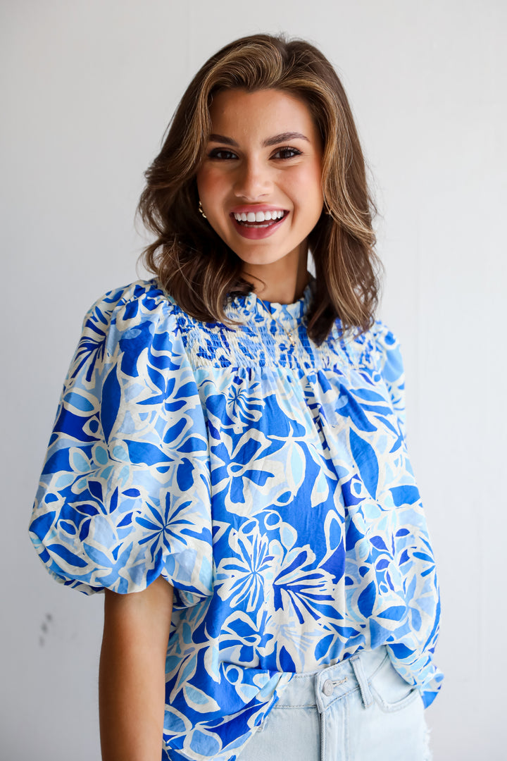 womens Blue Floral Puff Sleeve Blouse