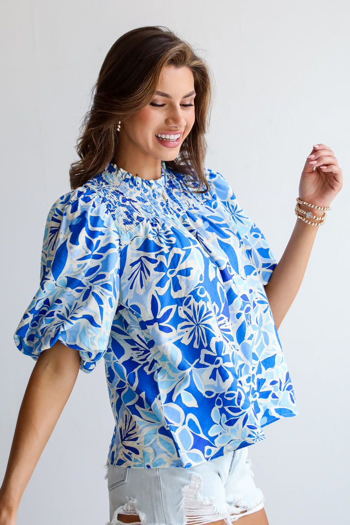 Blue Floral Puff Sleeve Blouse