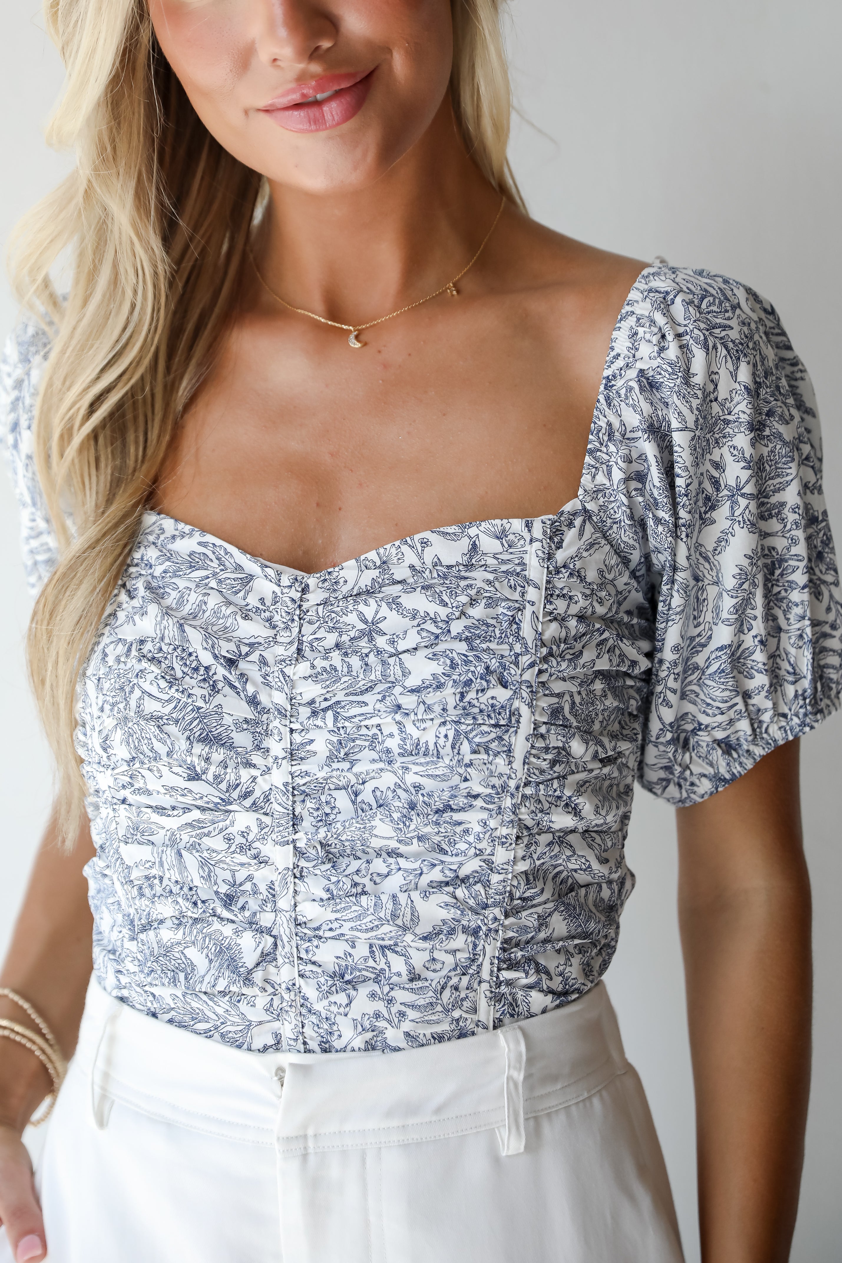 Sunny Confidence Blue Floral Ruched Blouse