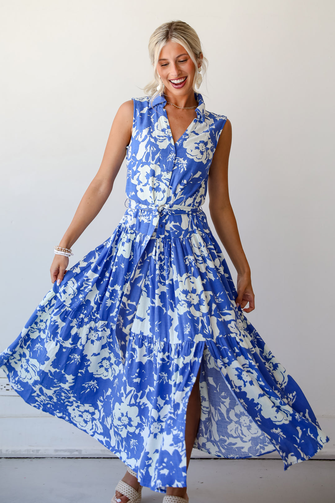 Charming Pose Royal Blue Floral Linen Maxi Dress