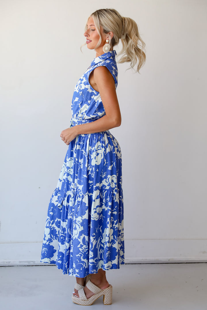 Charming Pose Royal Blue Floral Linen Maxi Dress
