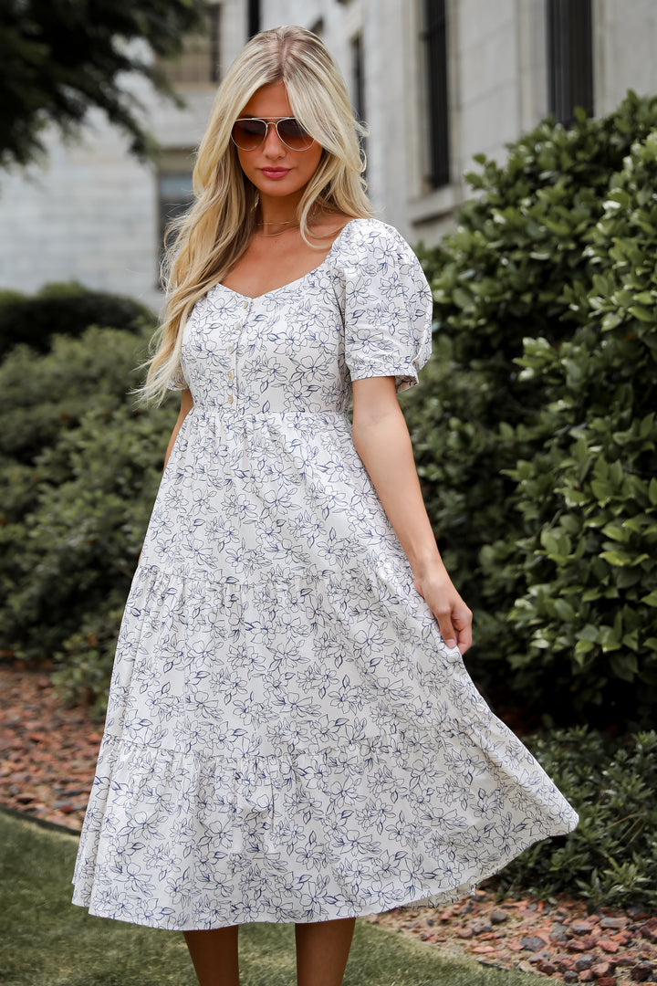 True Charm White Tiered Floral Midi Dress