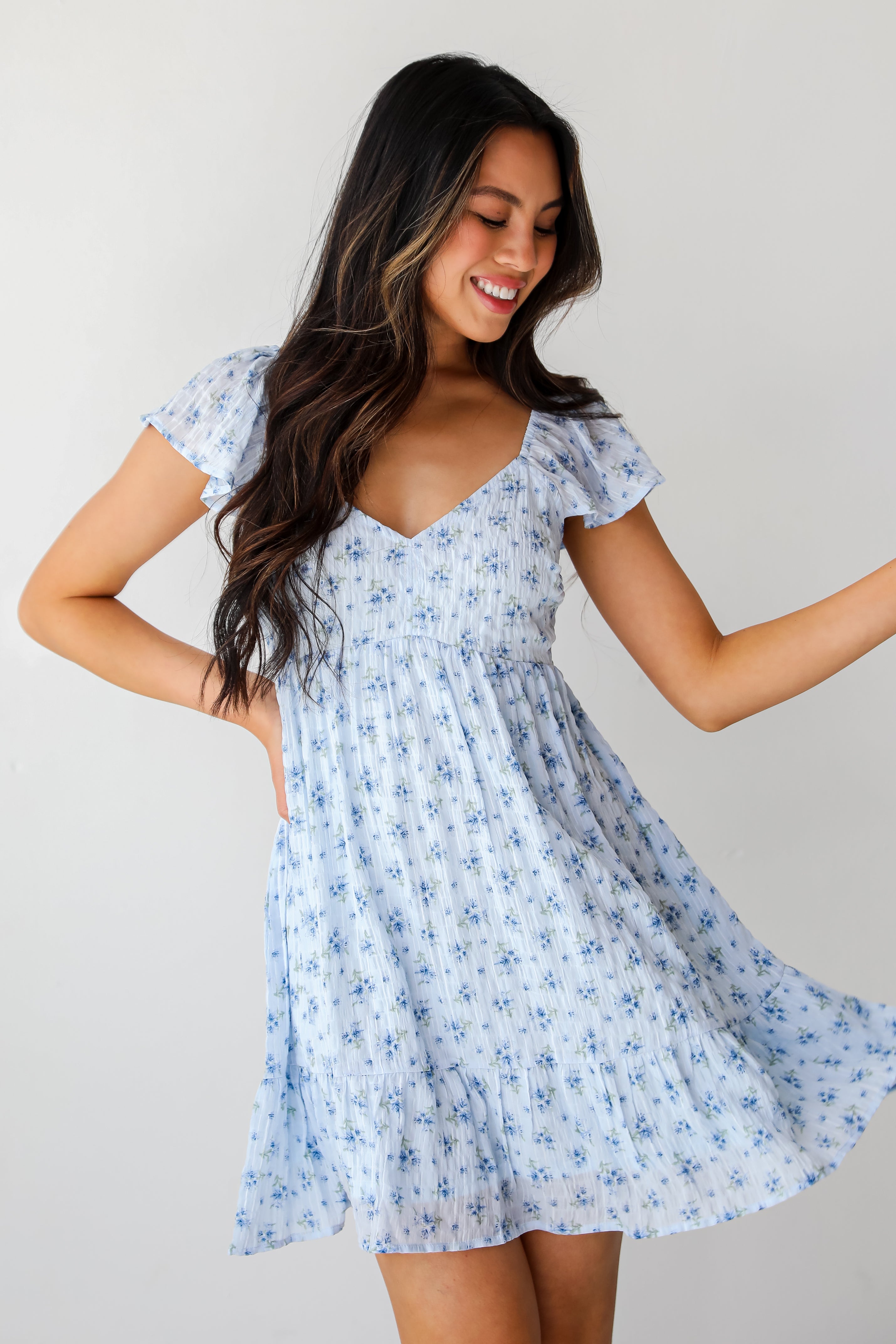 womens Light Blue Floral Mini Dress