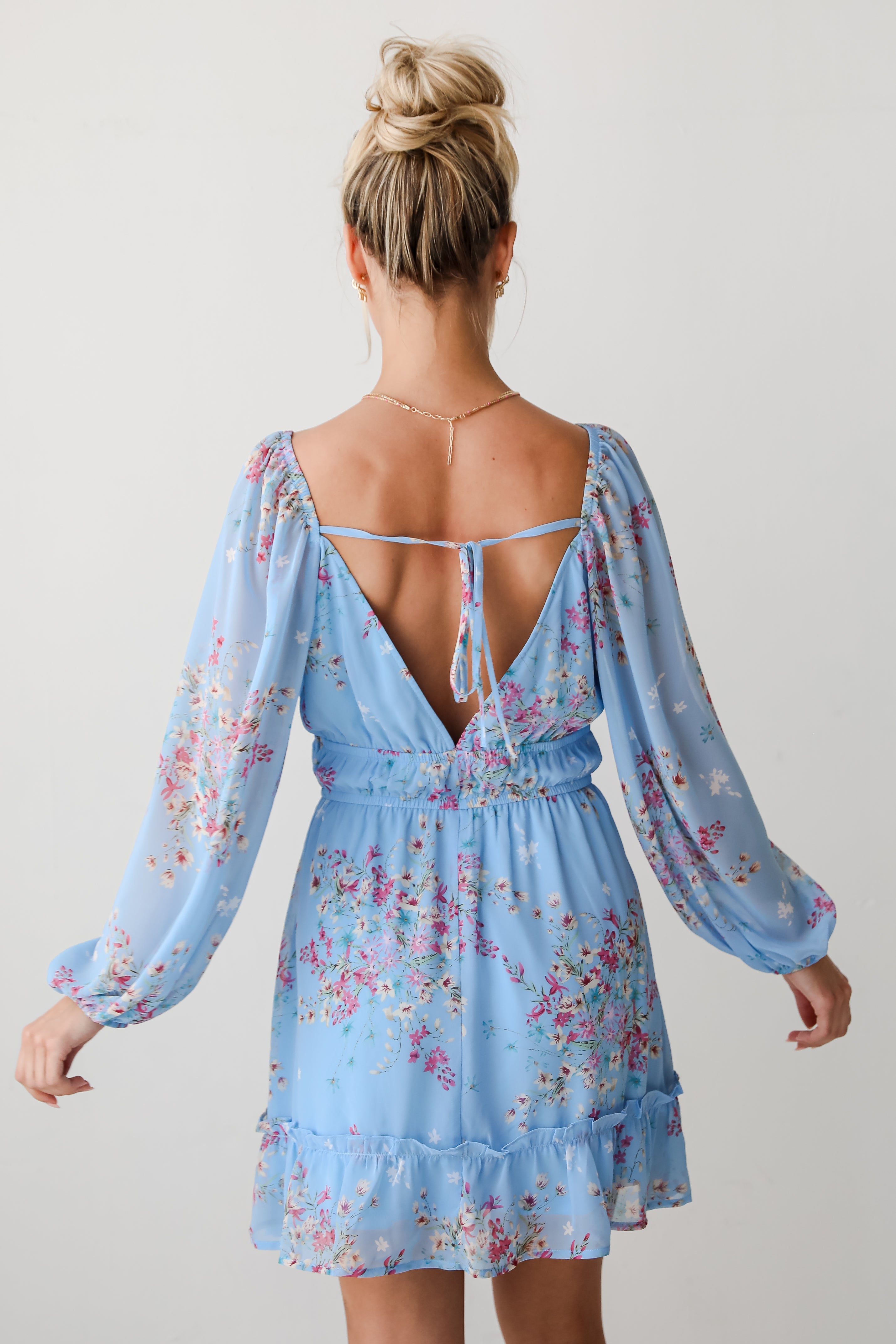 flowy Light Blue Floral Mini Dress