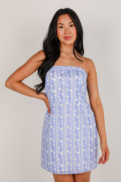 Wait For Daylight Blue Floral Strapless Mini Dress