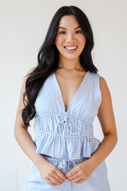 Only For You Blue Gingham Peplum Tank