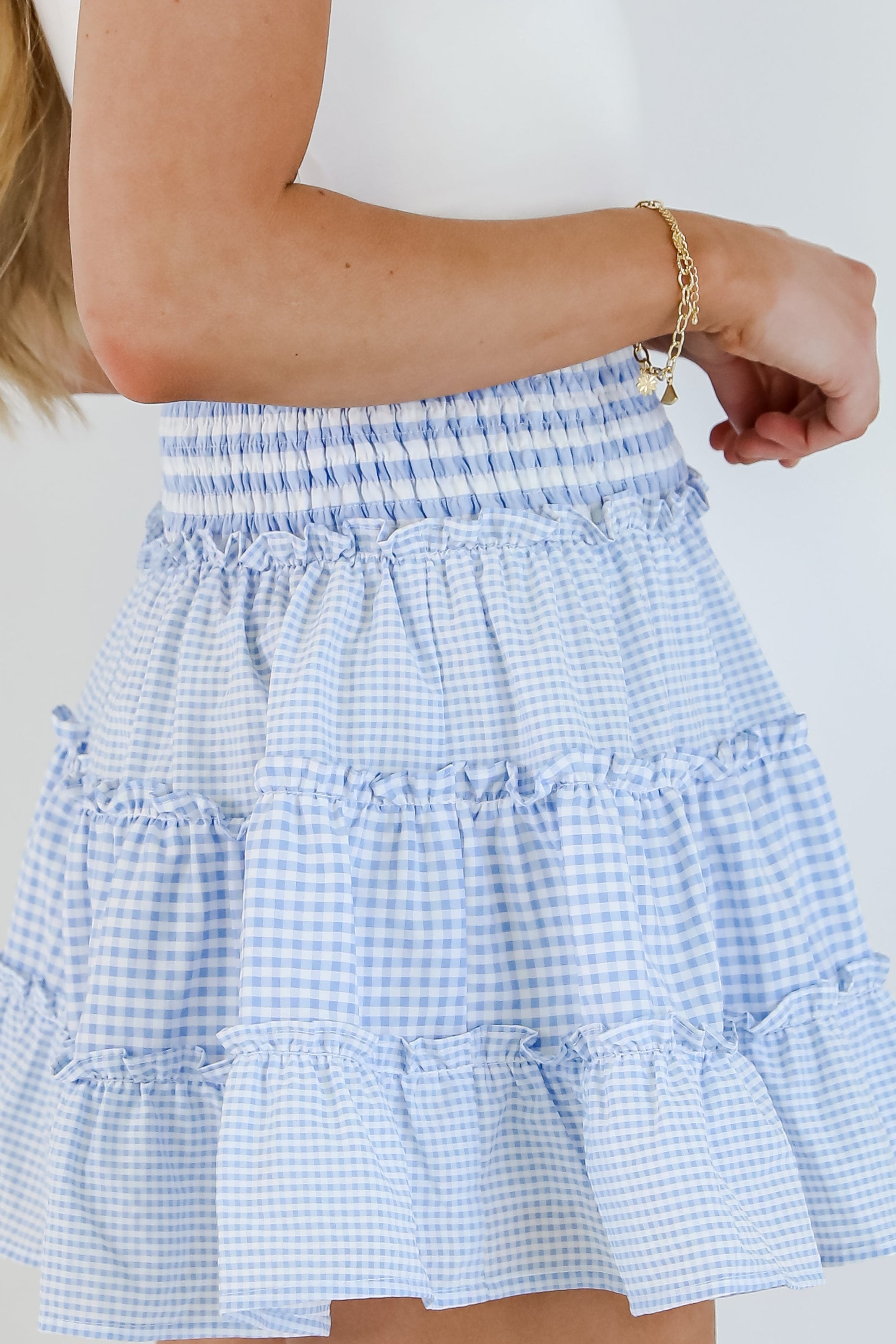 Charmed Feeling Blue Gingham Tiered Mini Skirt
