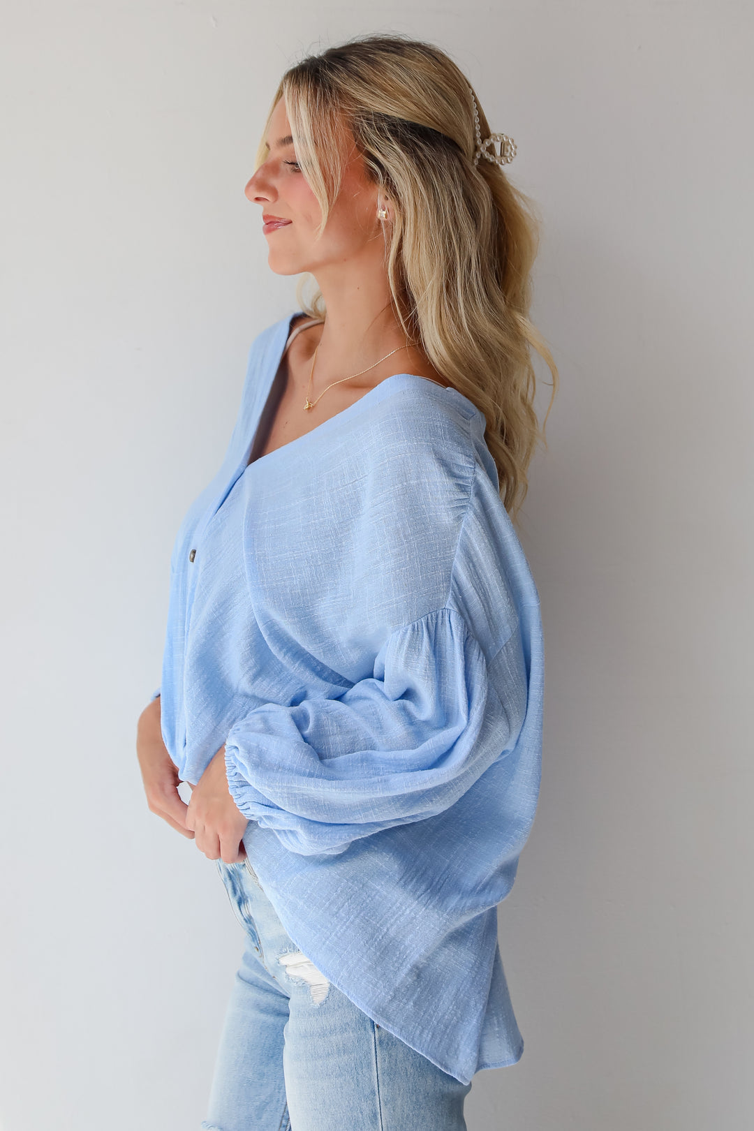 Sleek Dedication Light Blue Linen Blouse