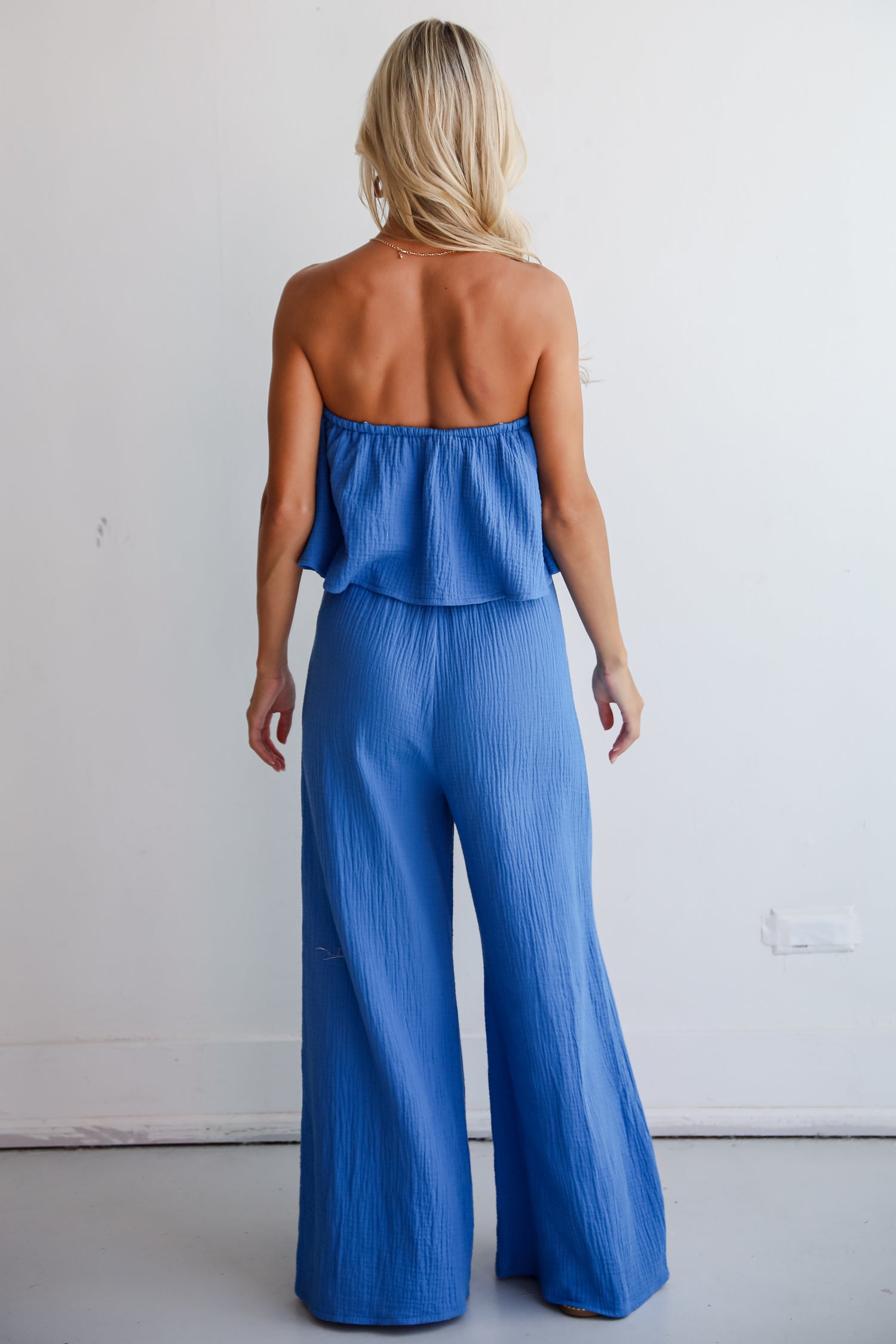 Celebrate In Style Blue Linen Strapless Jumpsuit