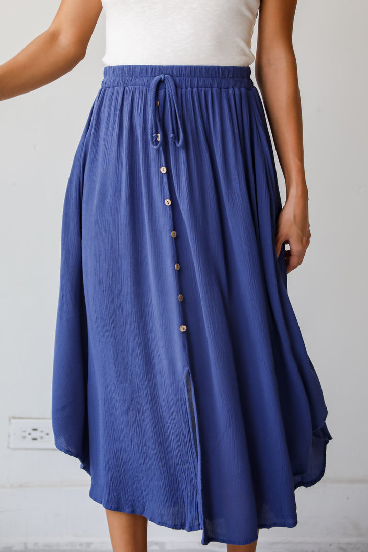 Sweetly Sophisticated Blue Button Front Midi Skirt