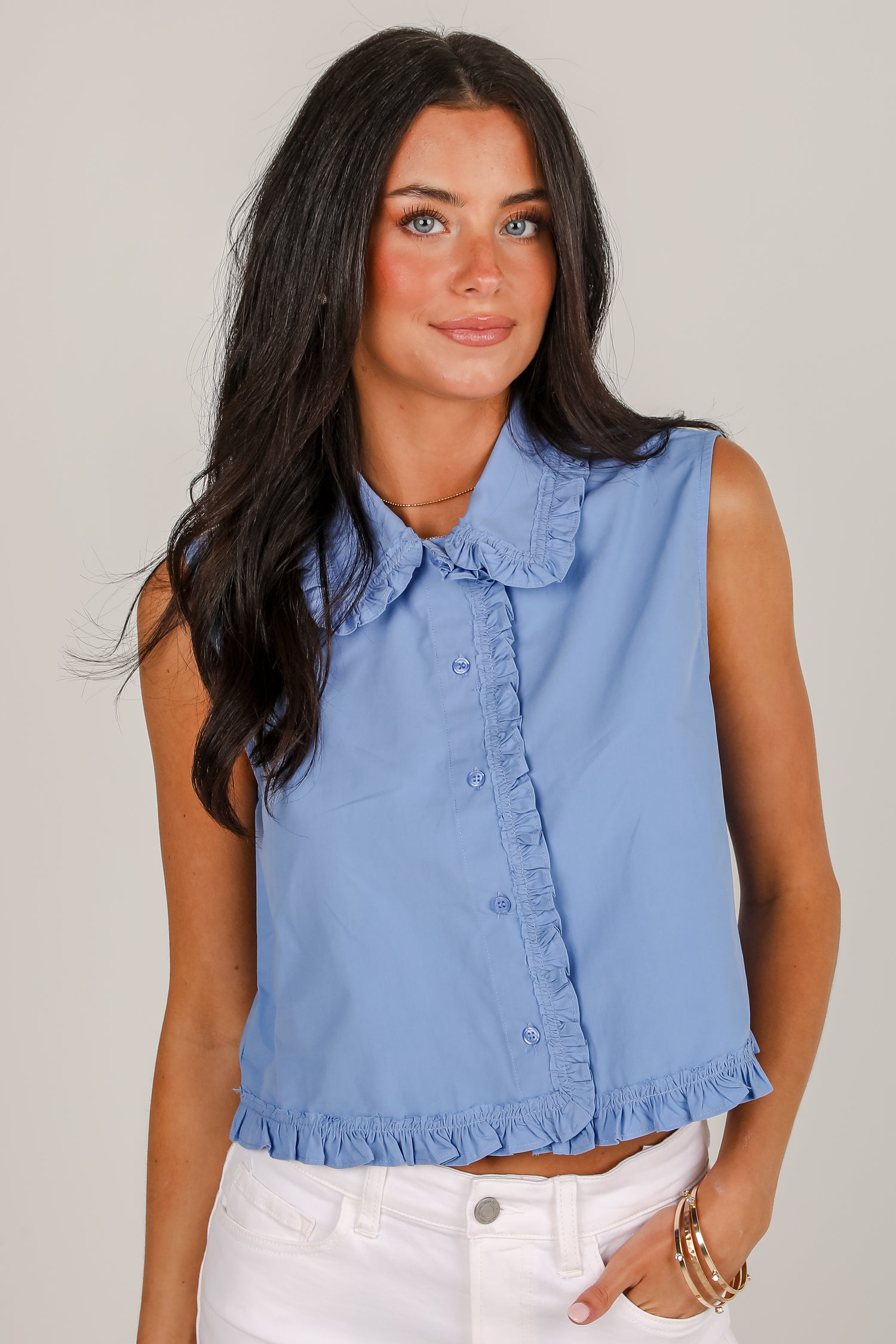 Win Them Over Blue Ruffle Blouse