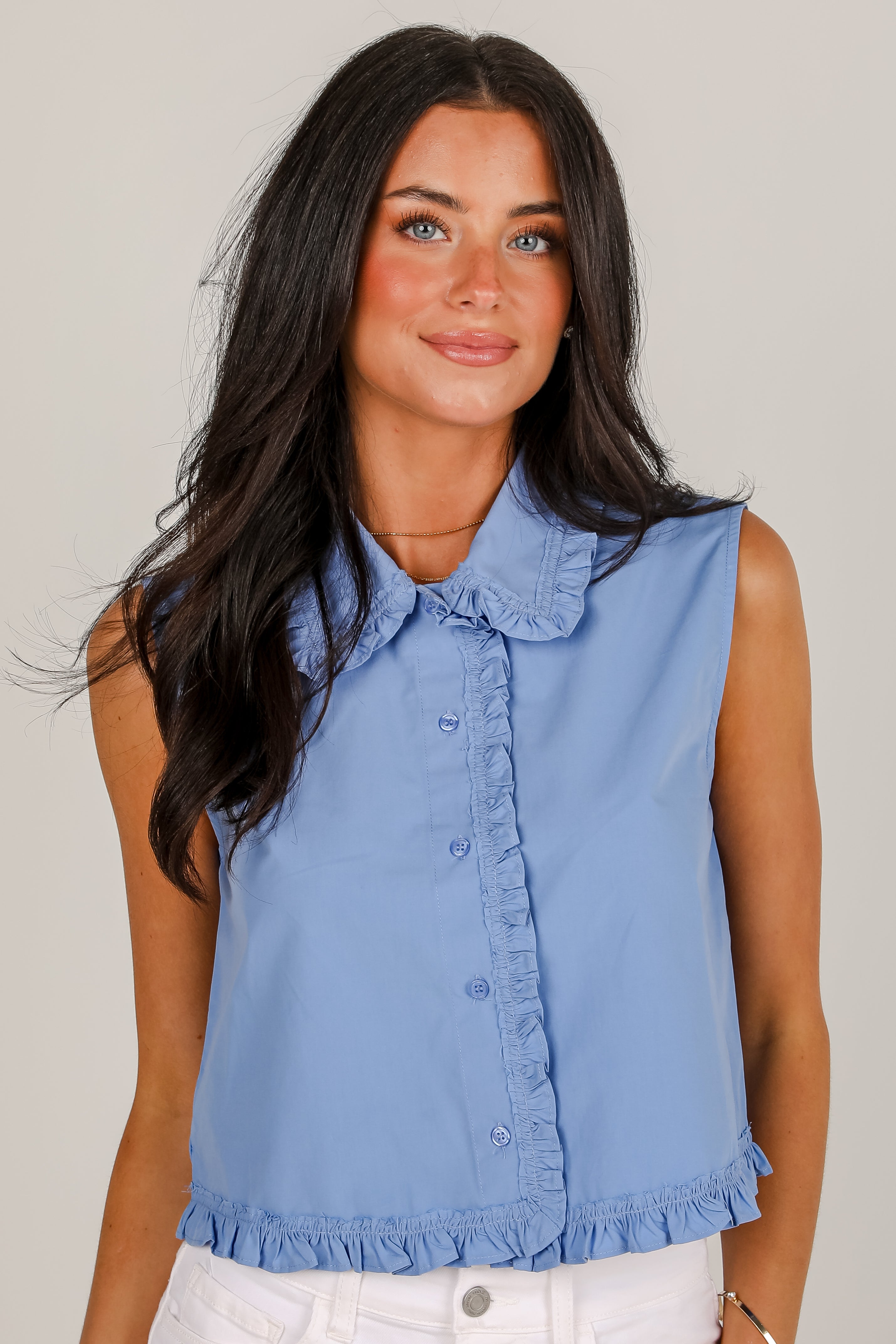 Win Them Over Blue Ruffle Blouse