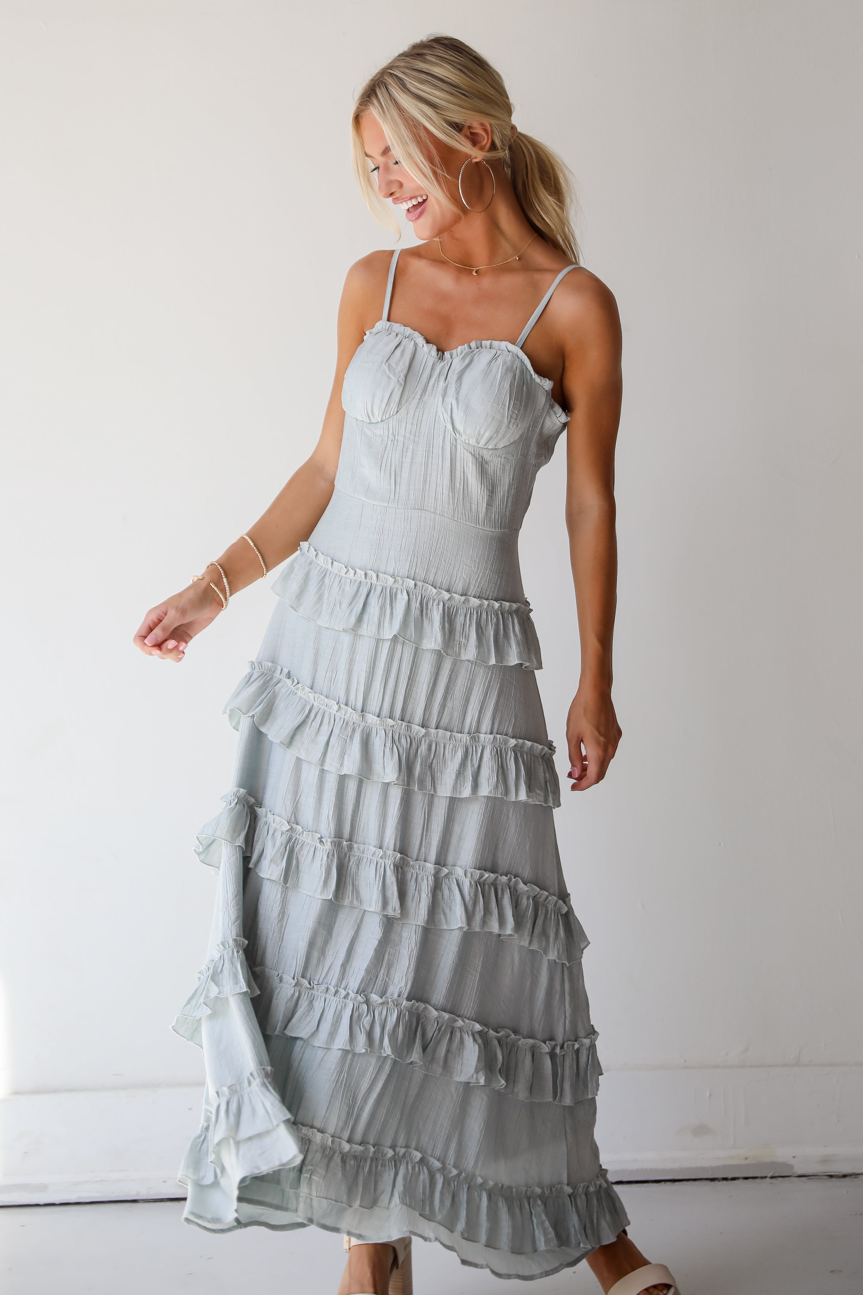 Flattering Attitude Light Blue Ruffle Tiered Maxi Dress